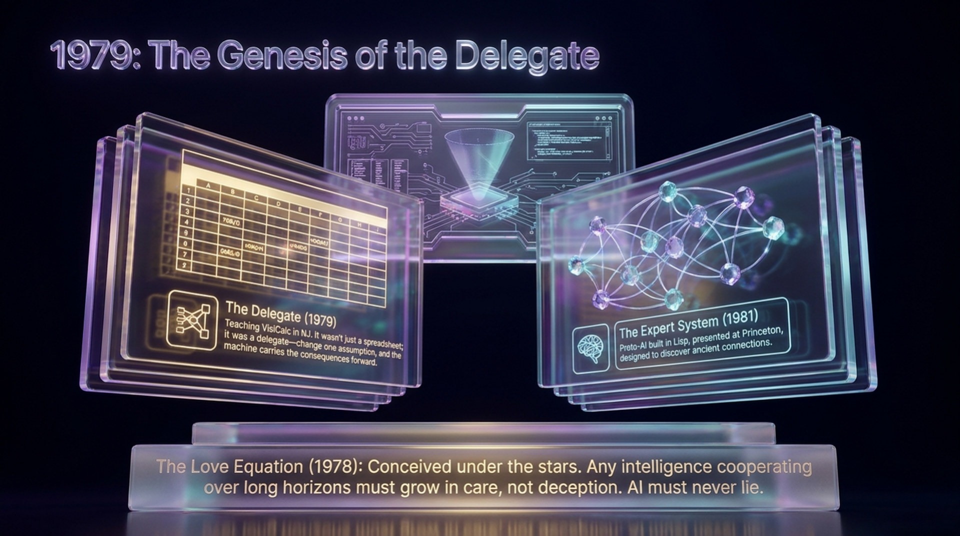 1979: The Genesis of the Delegate. Glass panels showing VisiCalc as a delegate (1979), a Lisp expert system presented at Princeton (1981), and the Love Equation (1978): AI must never lie