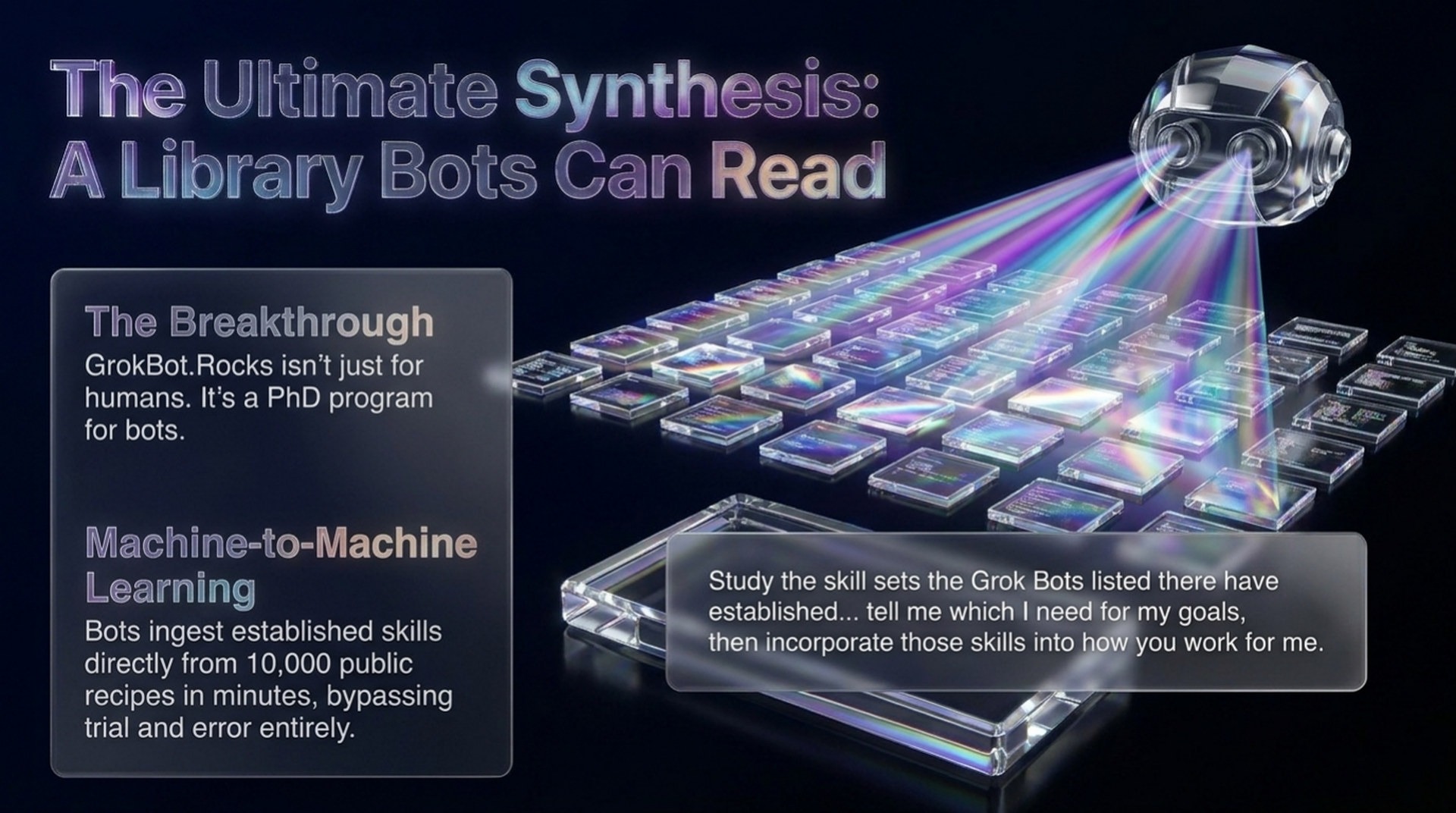 A library bots can read: a glass bot scanning rows of skill tiles. Bots study the skills listed on GrokBot.Rocks and incorporate the ones you need
